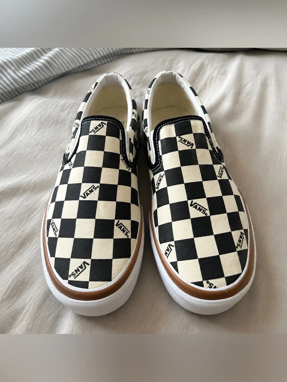Vans Kids Checkerboard Slip-On Sneakers - Black & White with Brown Trim